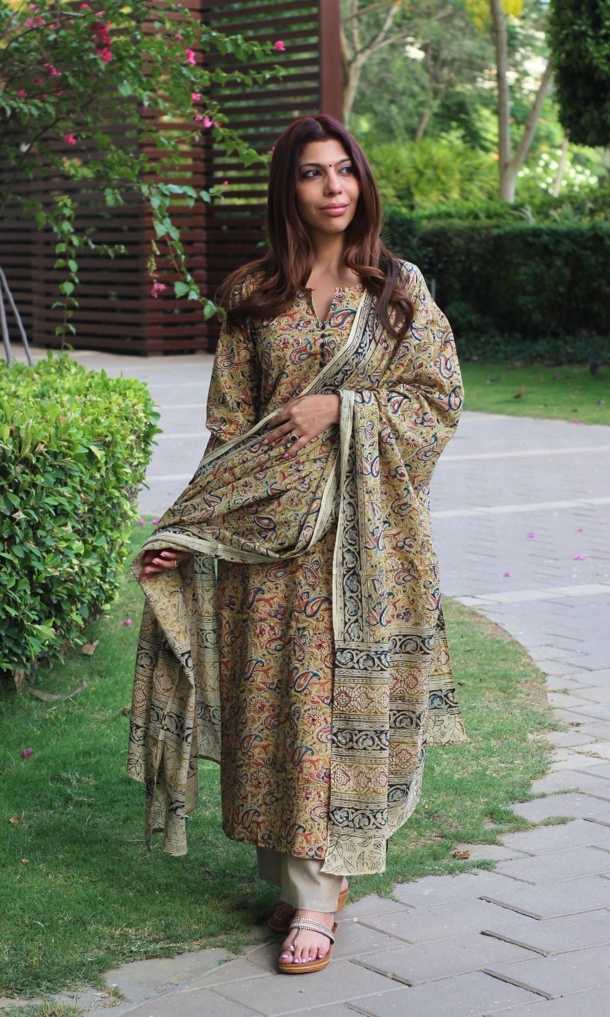 Cotton Handblock Kalamkari Yellow Kurta and Dupatta - Baareeki