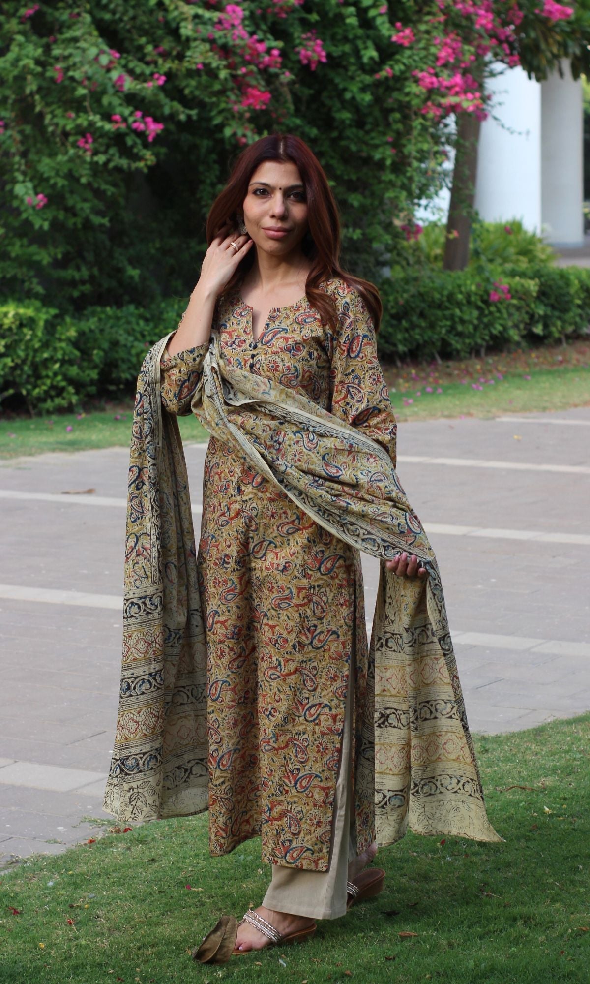 Cotton Handblock Kalamkari Yellow Kurta and Dupatta - Baareeki