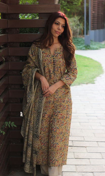 Cotton Handblock Kalamkari Yellow Kurta and Dupatta - Baareeki