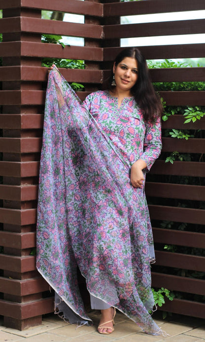 Cotton Handblock Lavender Suit Set with Kota Doria Printed Dupatta - Baareeki