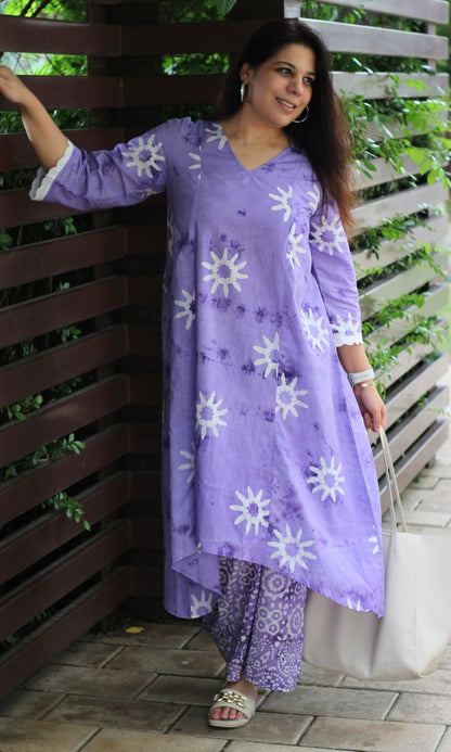 Cotton Handblock Lavender Sunflower High Low Coord Set - Baareeki