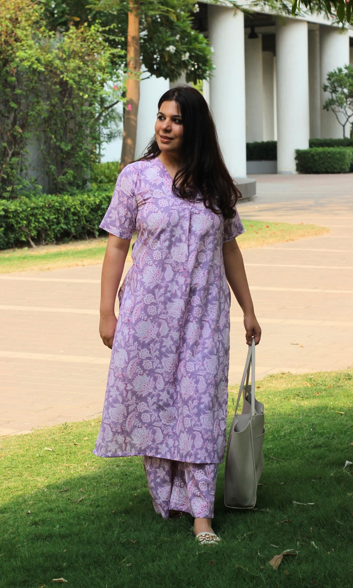 Cotton Handblock Lilac Kurta and Pants - Baareeki