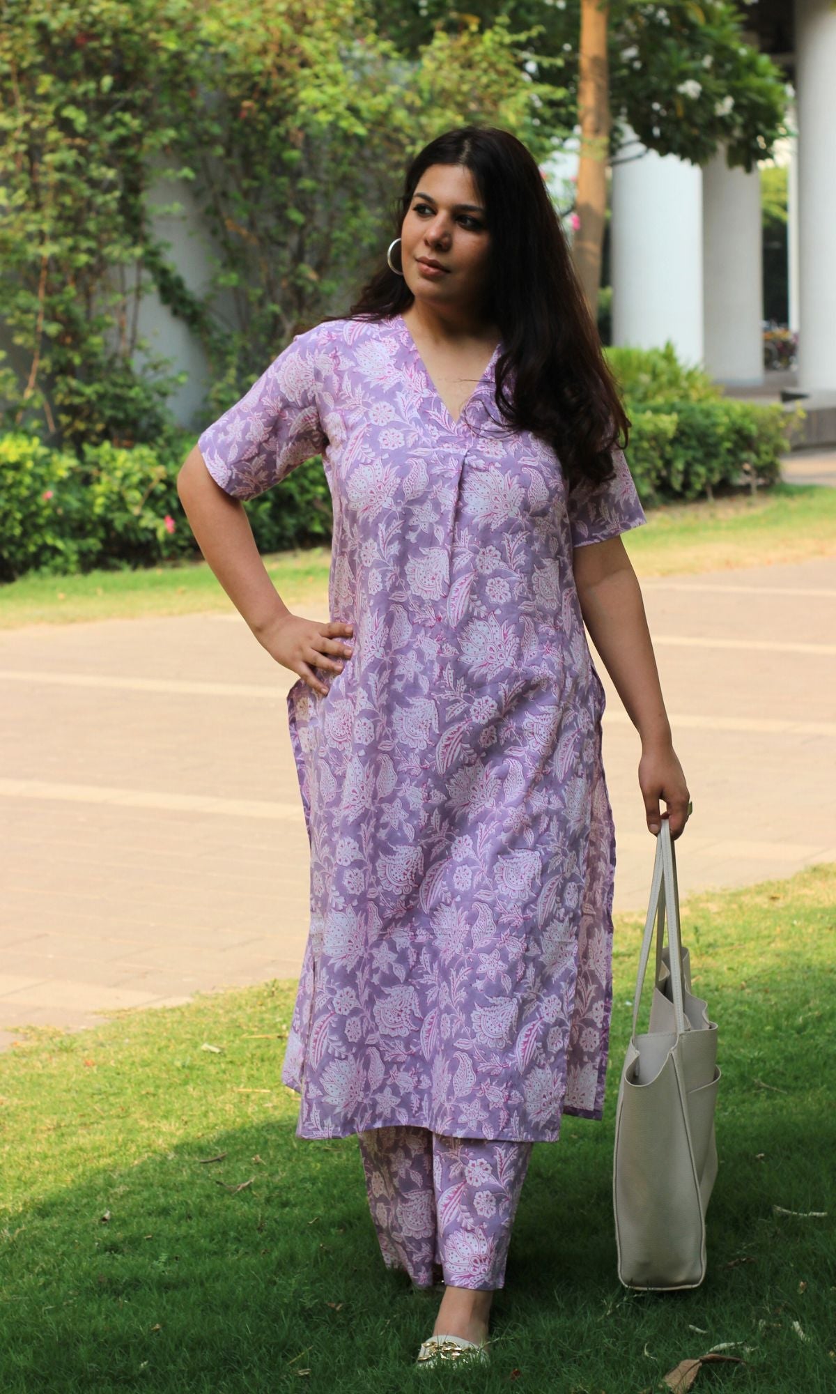 Cotton Handblock Lilac Kurta and Pants - Baareeki