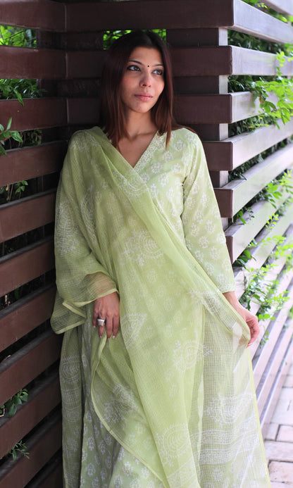 Cotton Handblock Lime Green Suit Set with Kota Doria Handblock Dupatta - Baareeki