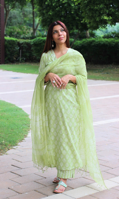 Cotton Handblock Lime Green Suit Set with Kota Doria Handblock Dupatta - Baareeki