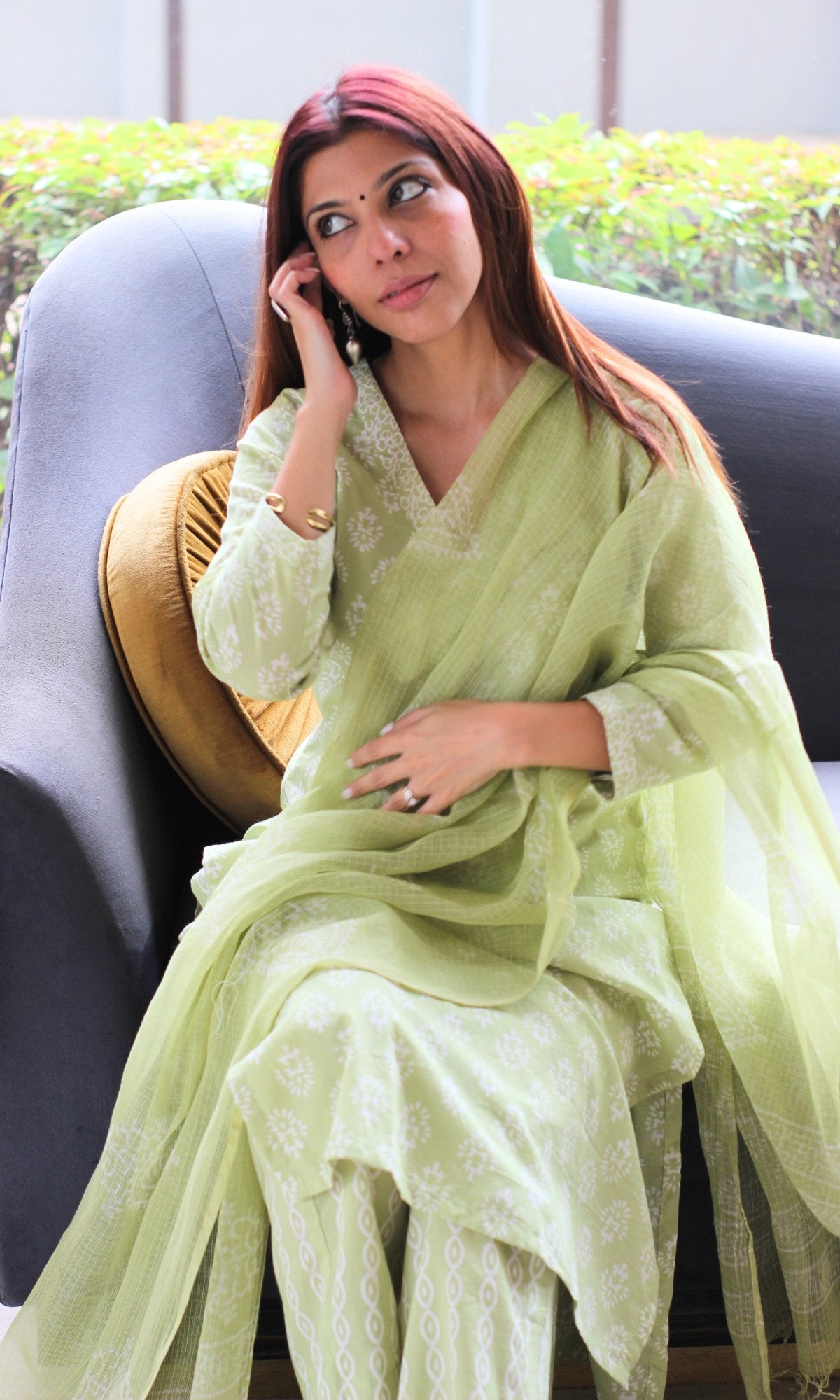 Cotton Handblock Lime Green Suit Set with Kota Doria Handblock Dupatta - Baareeki