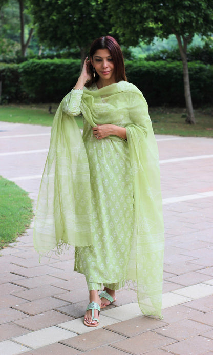 Cotton Handblock Lime Green Suit Set with Kota Doria Handblock Dupatta - Baareeki