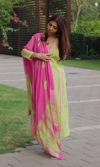 Cotton Handblock Lime Green Tie and Dye Suit set with Chiffon Dupatta - Baareeki