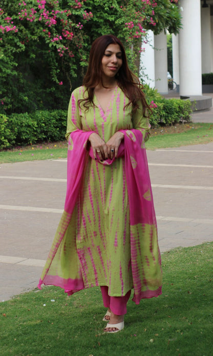 Cotton Handblock Lime Green Tie and Dye Suit set with Chiffon Dupatta - Baareeki