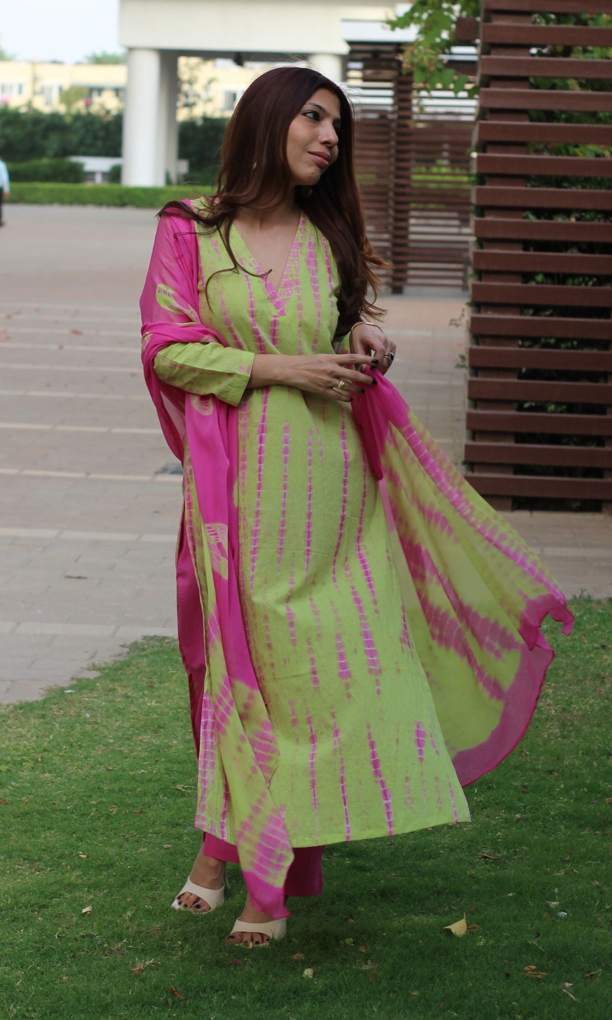 Cotton Handblock Lime Green Tie and Dye Suit set with Chiffon Dupatta - Baareeki