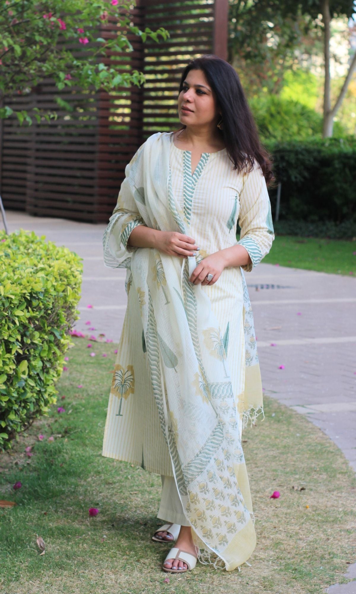 Cotton Handblock Mughal Green Suit Set with Kota Doria Printed Dupatta - Baareeki