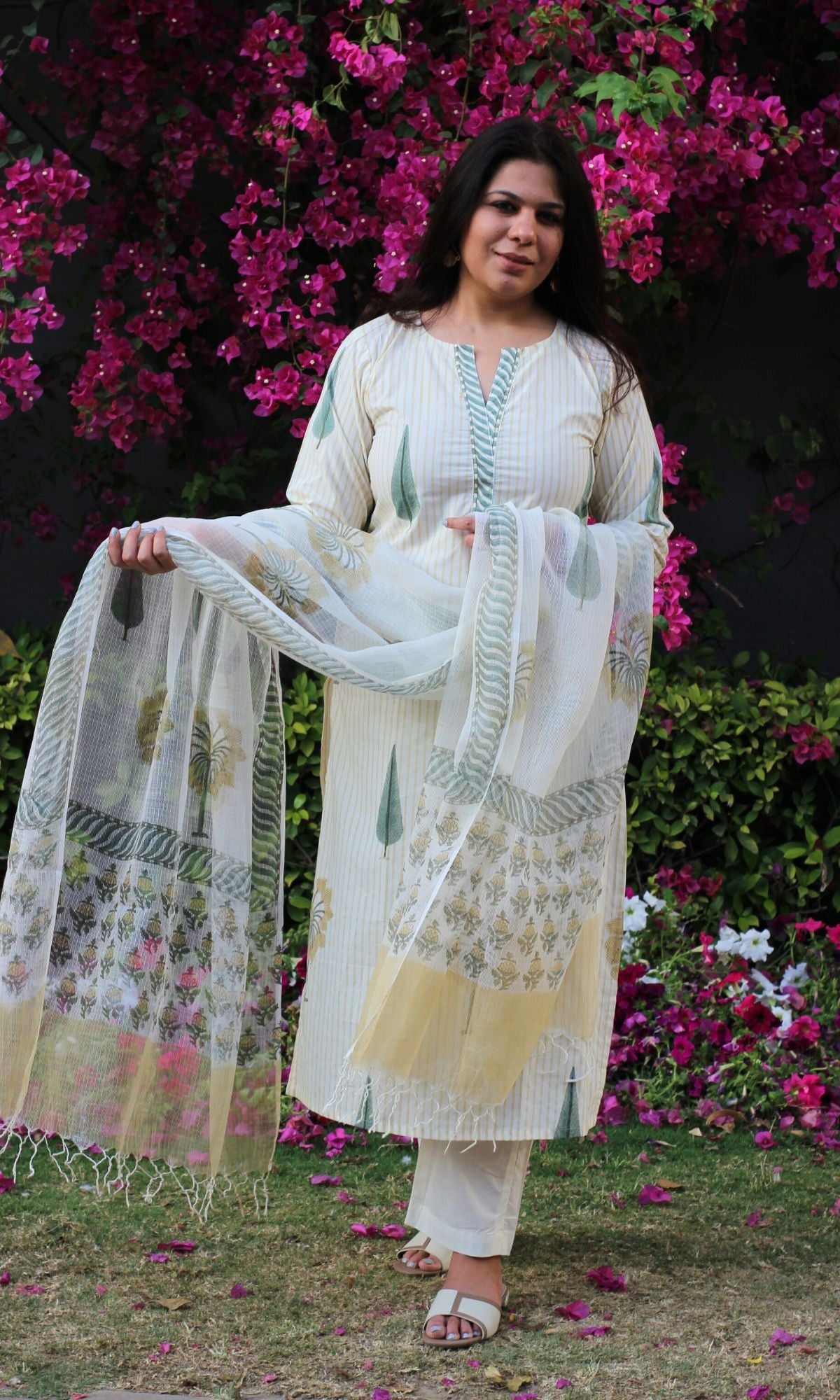 Cotton Handblock Mughal Green Suit Set with Kota Doria Printed Dupatta - Baareeki