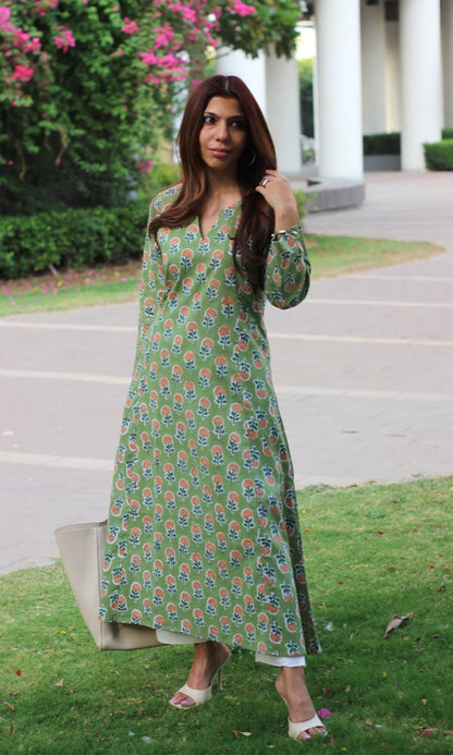 Cotton Handblock Olive Green Kali Kurta - Baareeki