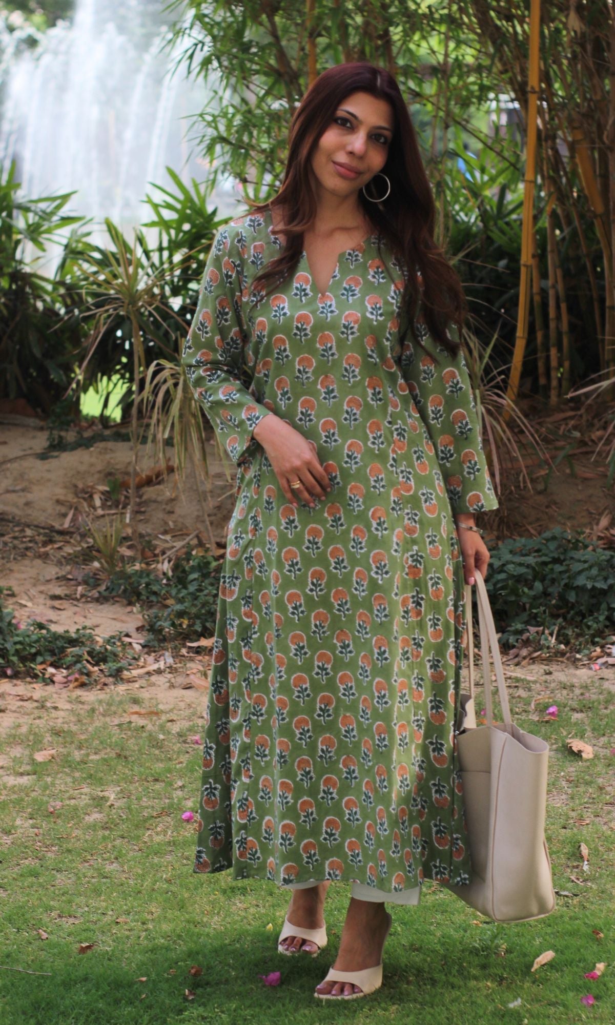 Cotton Handblock Olive Green Kali Kurta - Baareeki