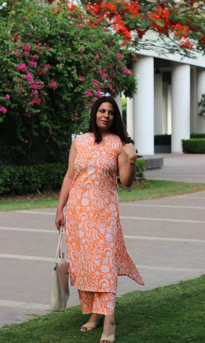 Cotton Handblock Orange Buttoned Neck Kurta and Pants - Baareeki