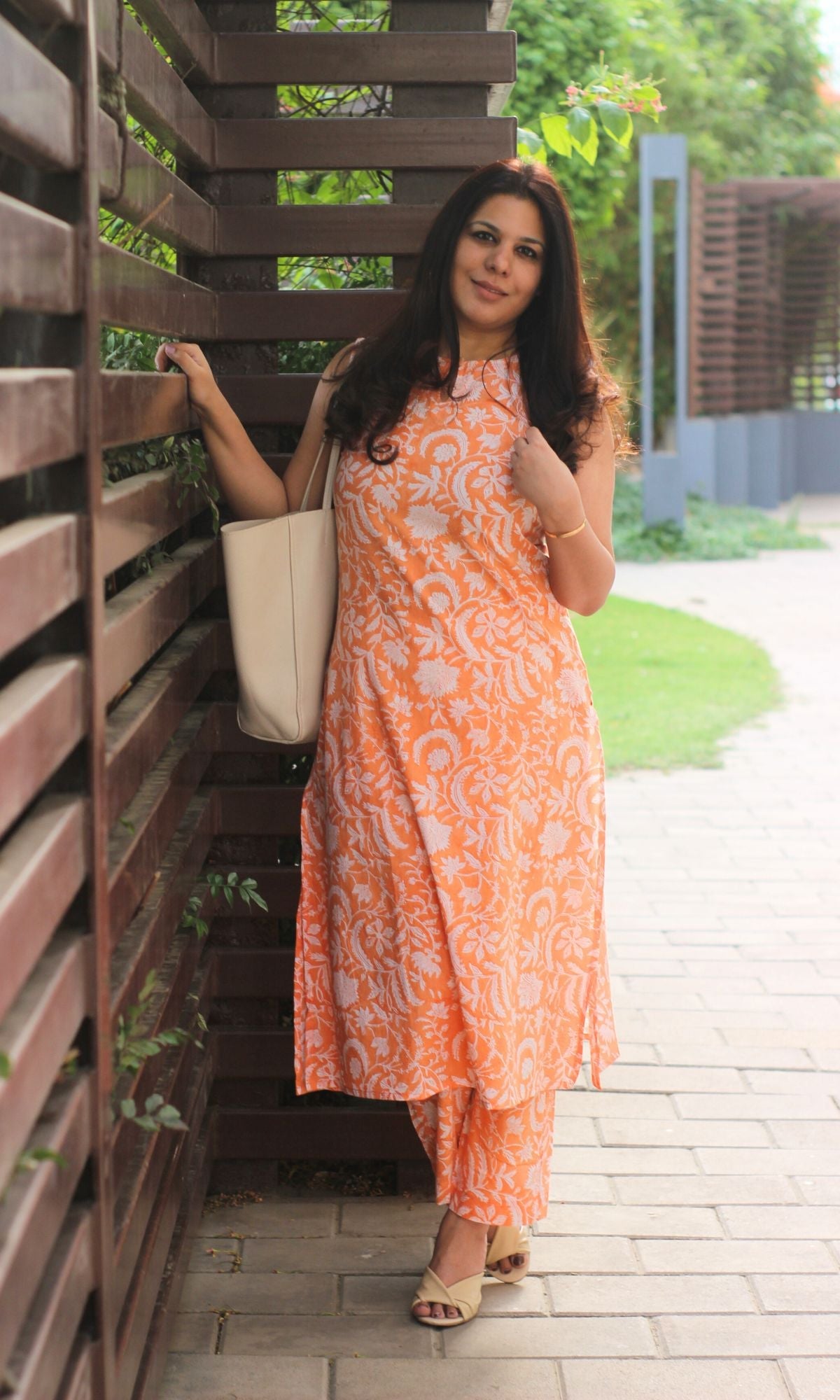 Cotton Handblock Orange Buttoned Neck Kurta and Pants - Baareeki