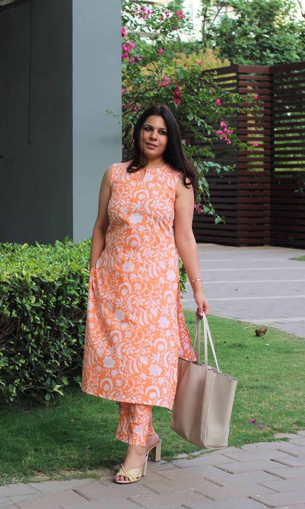 Cotton Handblock Orange Buttoned Neck Kurta and Pants - Baareeki