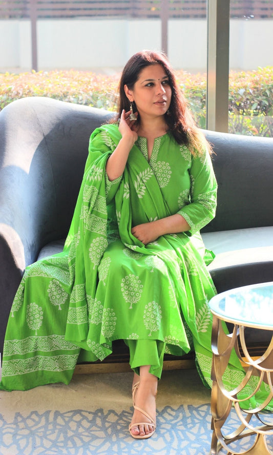 Cotton Handblock Parrot Green Oval Tree Suit with Mul Cotton Printed Dupatta - Baareeki