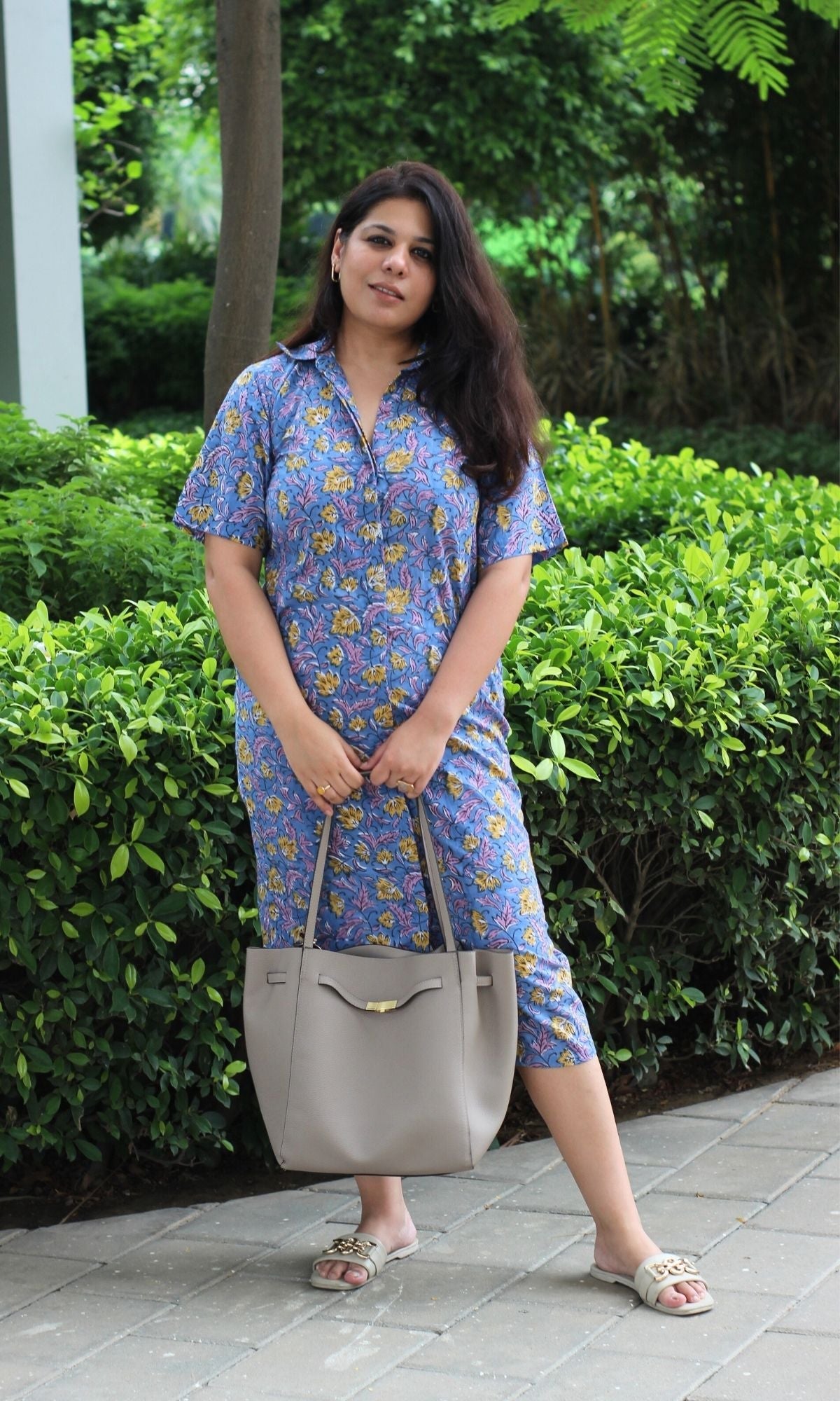 Cotton Handblock Persian Blue Buttoned Shirt Dress - Baareeki