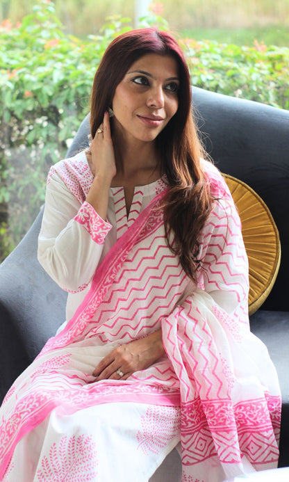 Cotton Handblock Pine White & Pink Suit Set with Cotton Dupatta - Baareeki