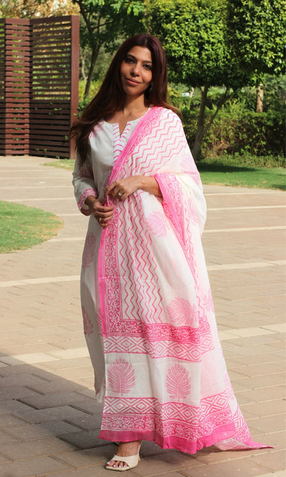 Cotton Handblock Pine White & Pink Suit Set with Cotton Dupatta - Baareeki