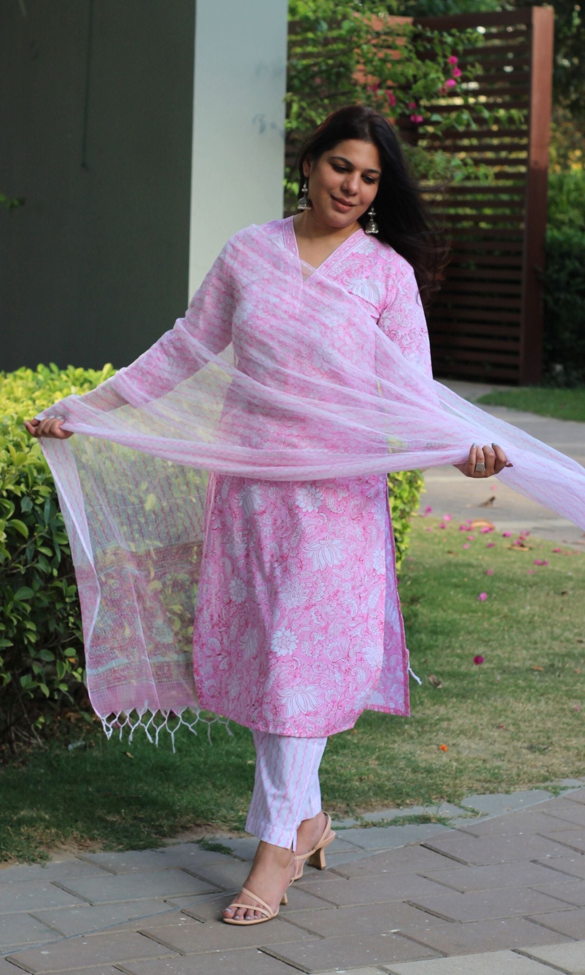 Cotton Handblock Pink Suit Set with Kota Doria Printed Dupatta - Baareeki