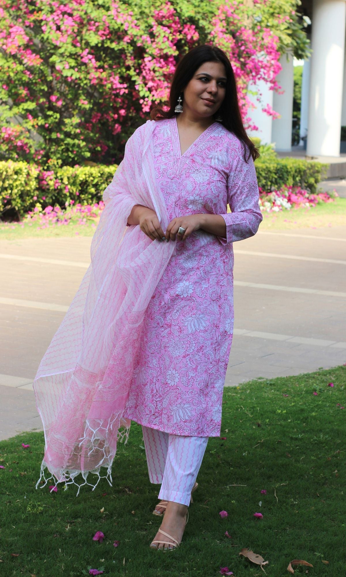 Cotton Handblock Pink Suit Set with Kota Doria Printed Dupatta - Baareeki