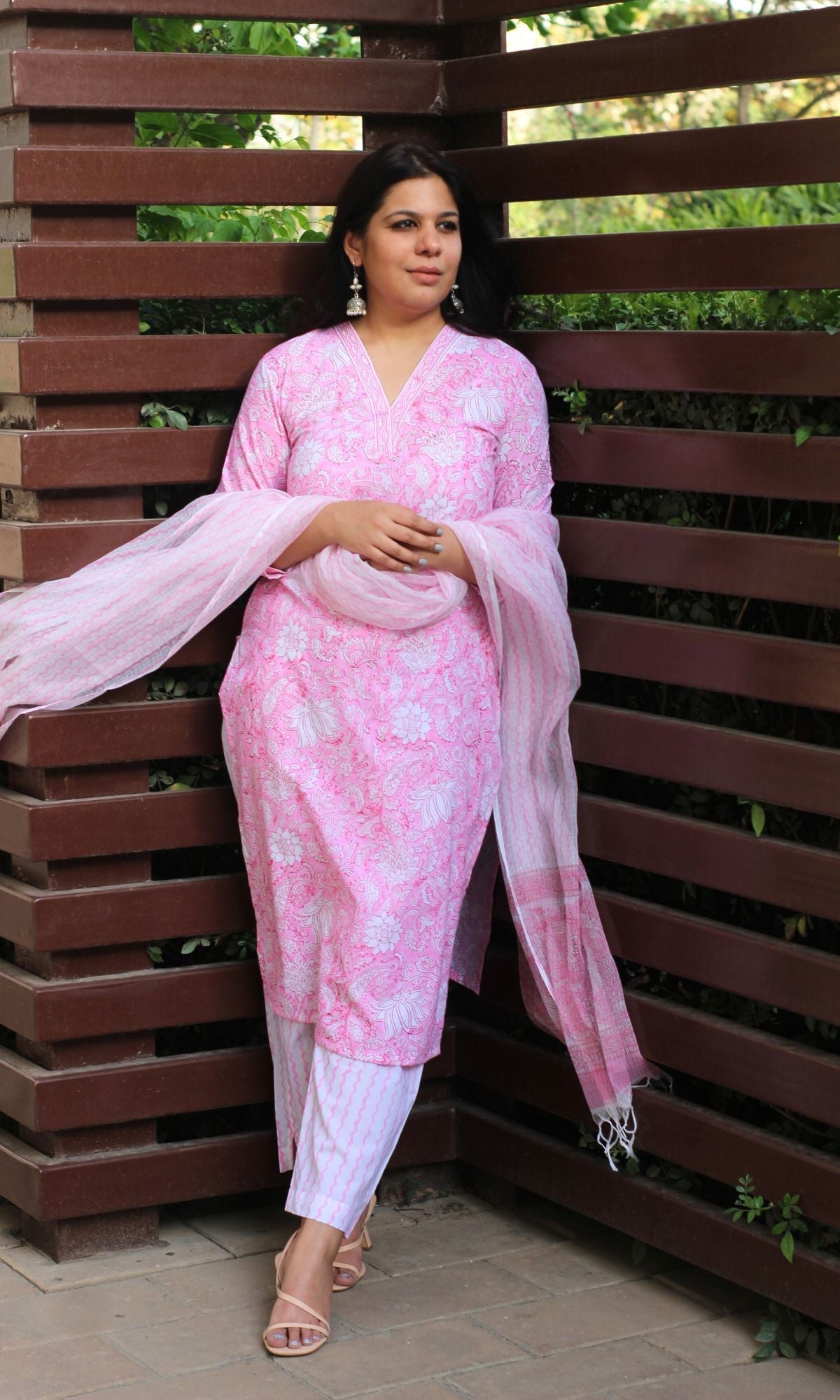 Cotton Handblock Pink Suit Set with Kota Doria Printed Dupatta - Baareeki