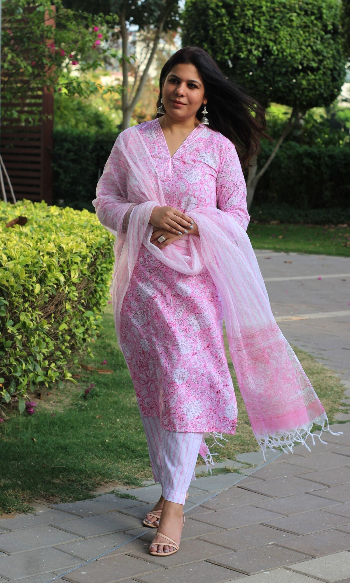 Cotton Handblock Pink Suit Set with Kota Doria Printed Dupatta - Baareeki