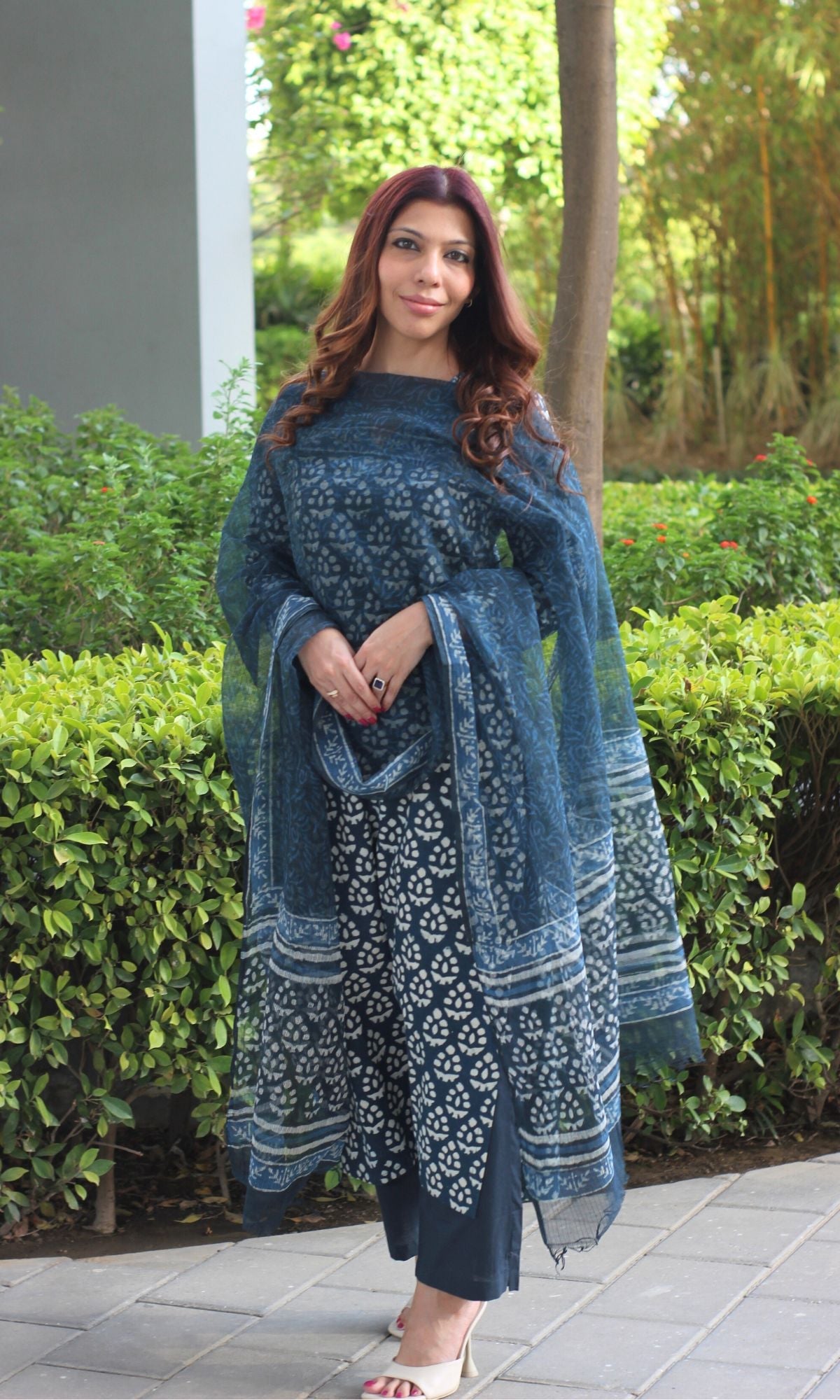 Cotton Handblock Print Dark Turquoise Suit Set with Kota Doria Dupatta - Baareeki