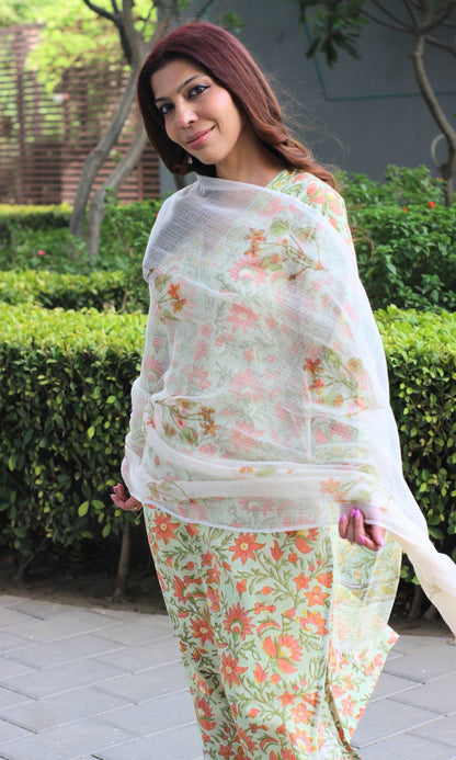 Cotton Handblock Print Green & Peach Suit with Kota Doria Handblock dupatta - Baareeki