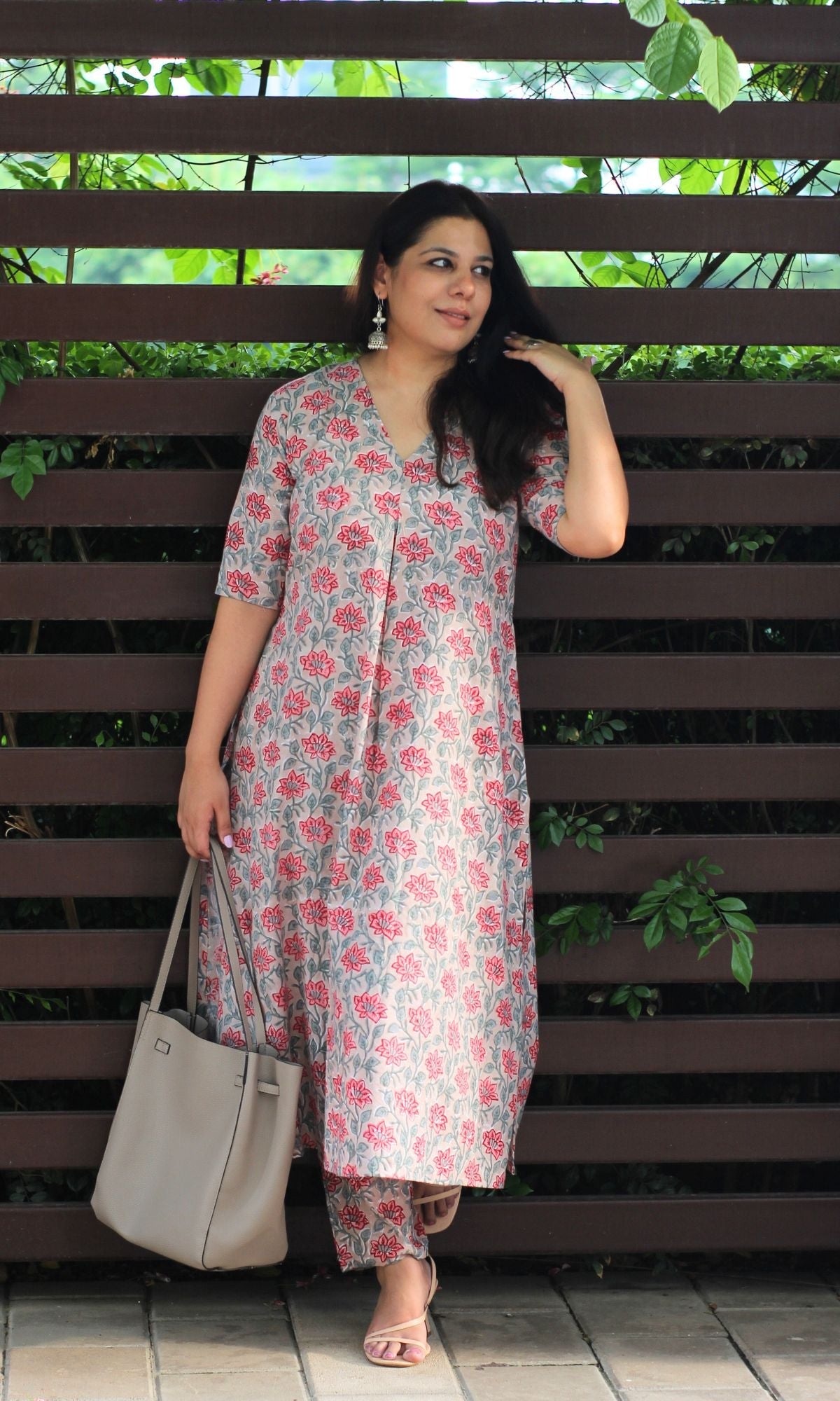 Cotton Handblock Print Mauve Pleated Kurta with Pants - Baareeki