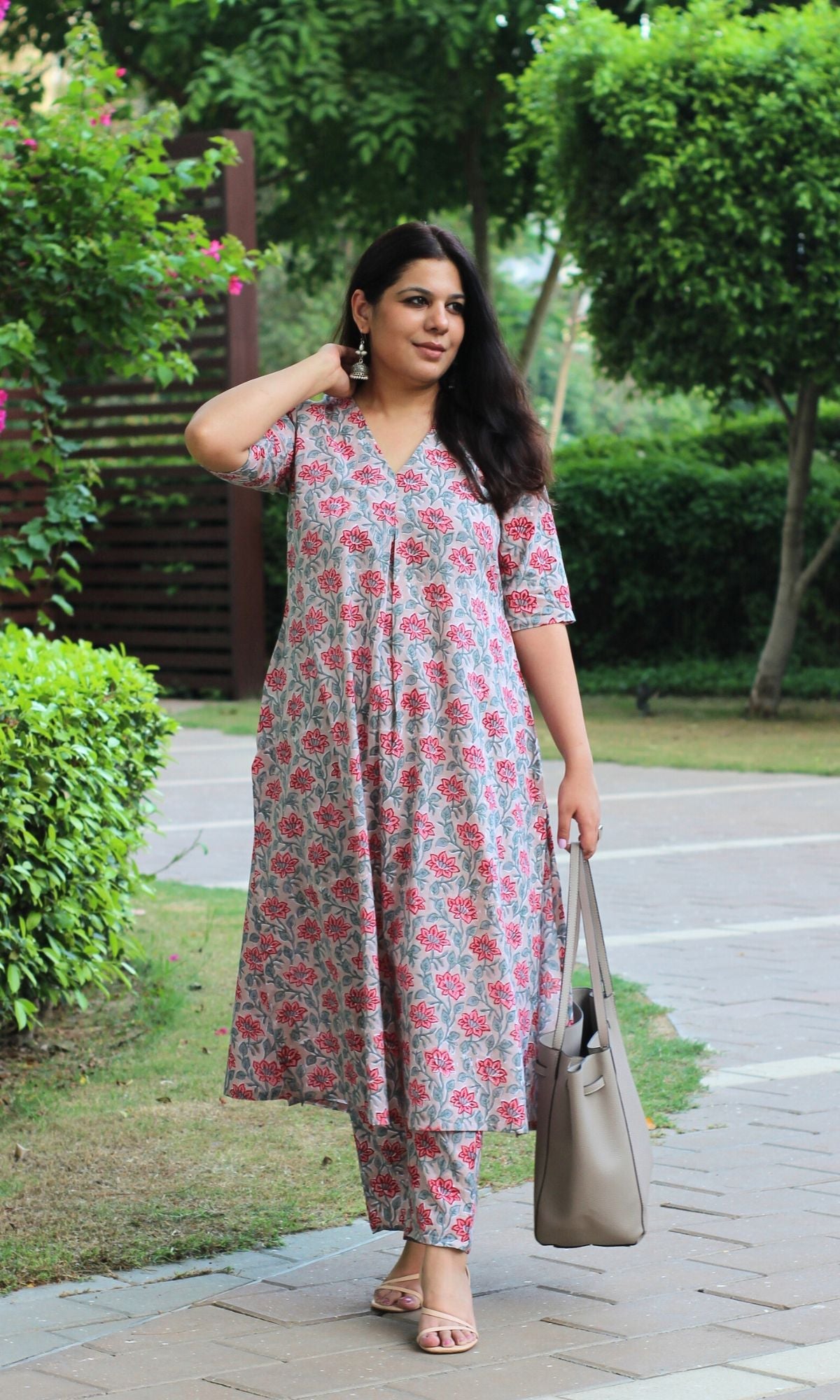 Cotton Handblock Print Mauve Pleated Kurta with Pants - Baareeki