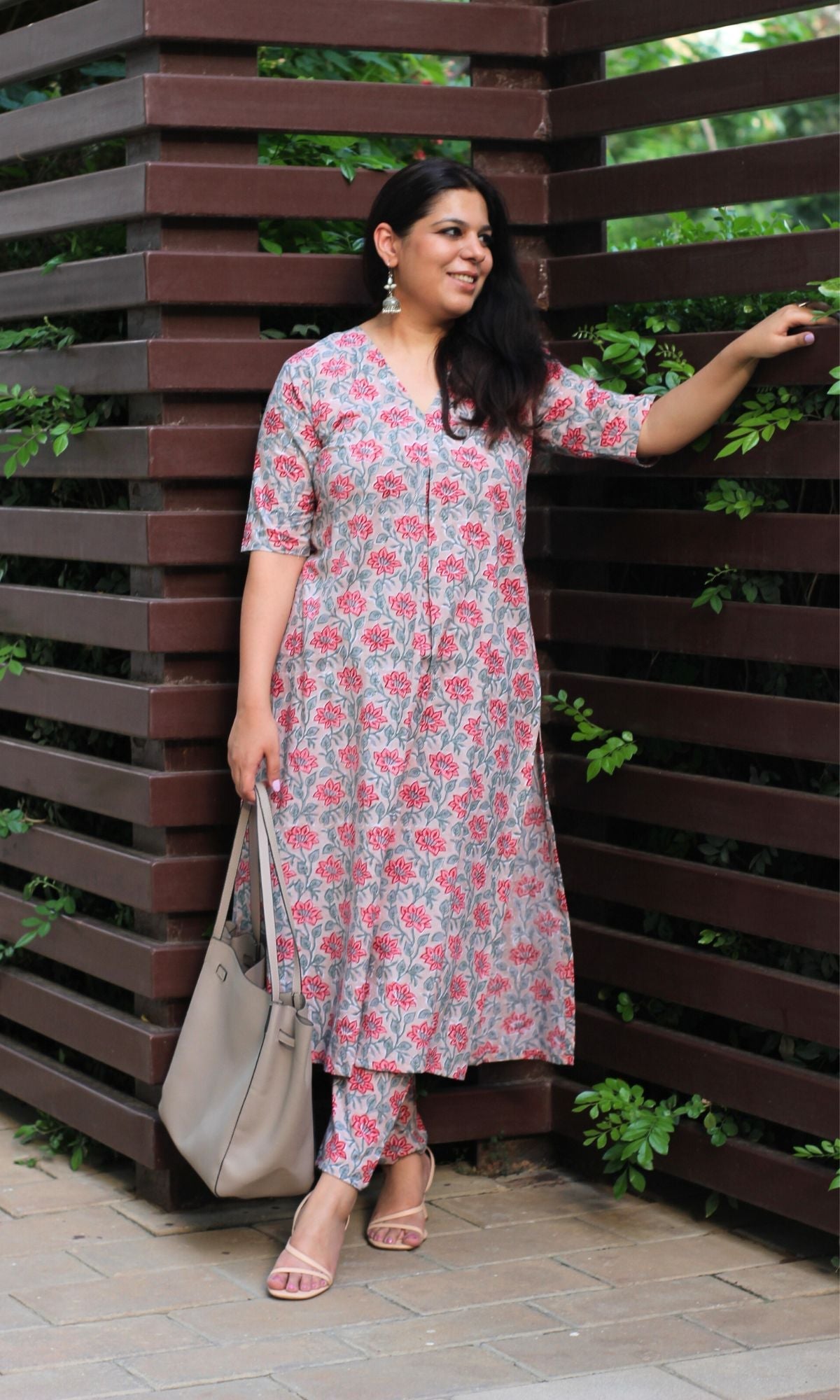 Cotton Handblock Print Mauve Pleated Kurta with Pants - Baareeki