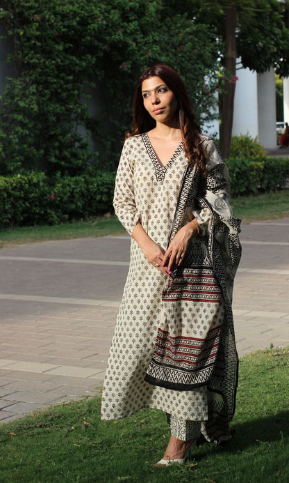 Cotton Handblock Print Off White & Black Suit Set with Mul Handblock Dupatta - Baareeki