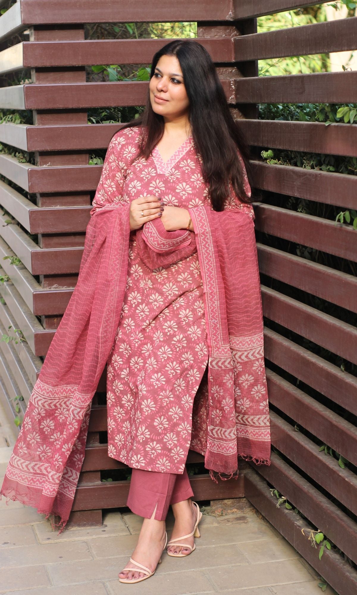 Cotton Handblock Print Rouge Suit Set with Kota Doria Dupatta - Baareeki