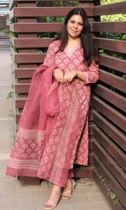 Cotton Handblock Print Rouge Suit Set with Kota Doria Dupatta - Baareeki