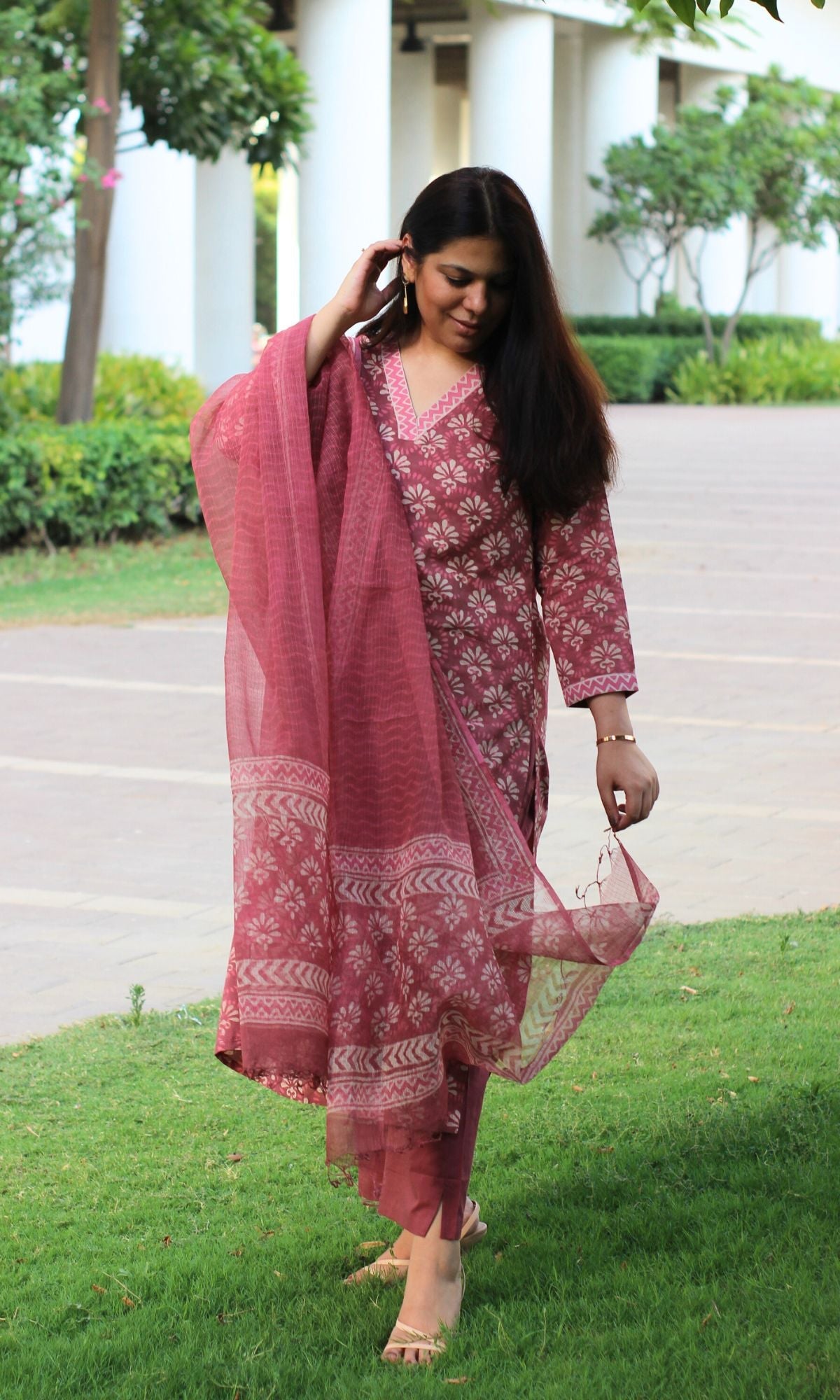 Cotton Handblock Print Rouge Suit Set with Kota Doria Dupatta - Baareeki