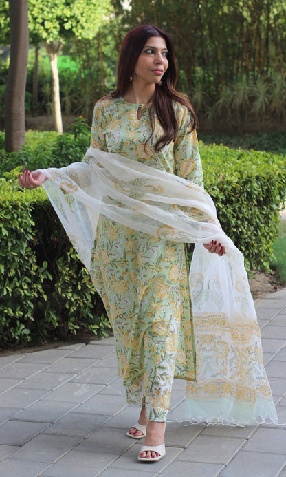 Cotton Handblock Print Soft Green Suit with Kota Doria Handblock dupatta - Baareeki