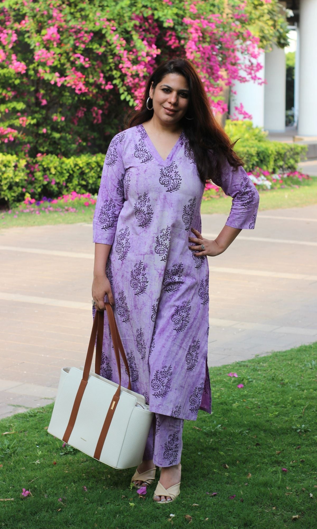 Cotton Handblock Purple Dabu A-line Kurta and Pants Set - Baareeki