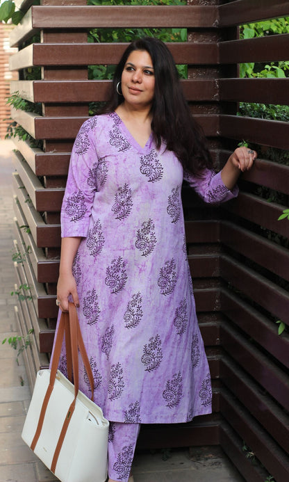 Cotton Handblock Purple Dabu A-line Kurta and Pants Set - Baareeki