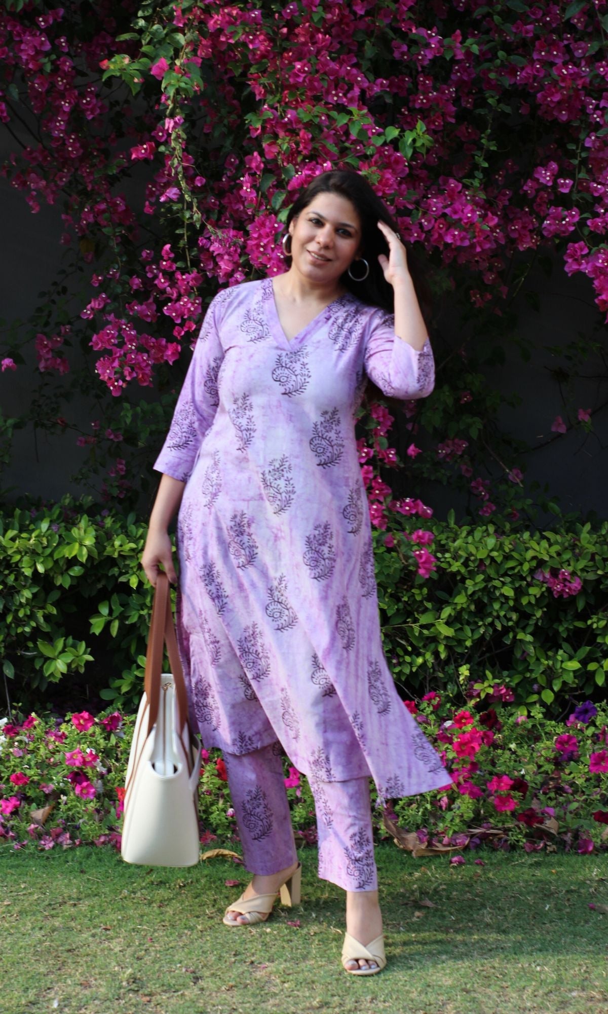 Cotton Handblock Purple Dabu A-line Kurta and Pants Set - Baareeki