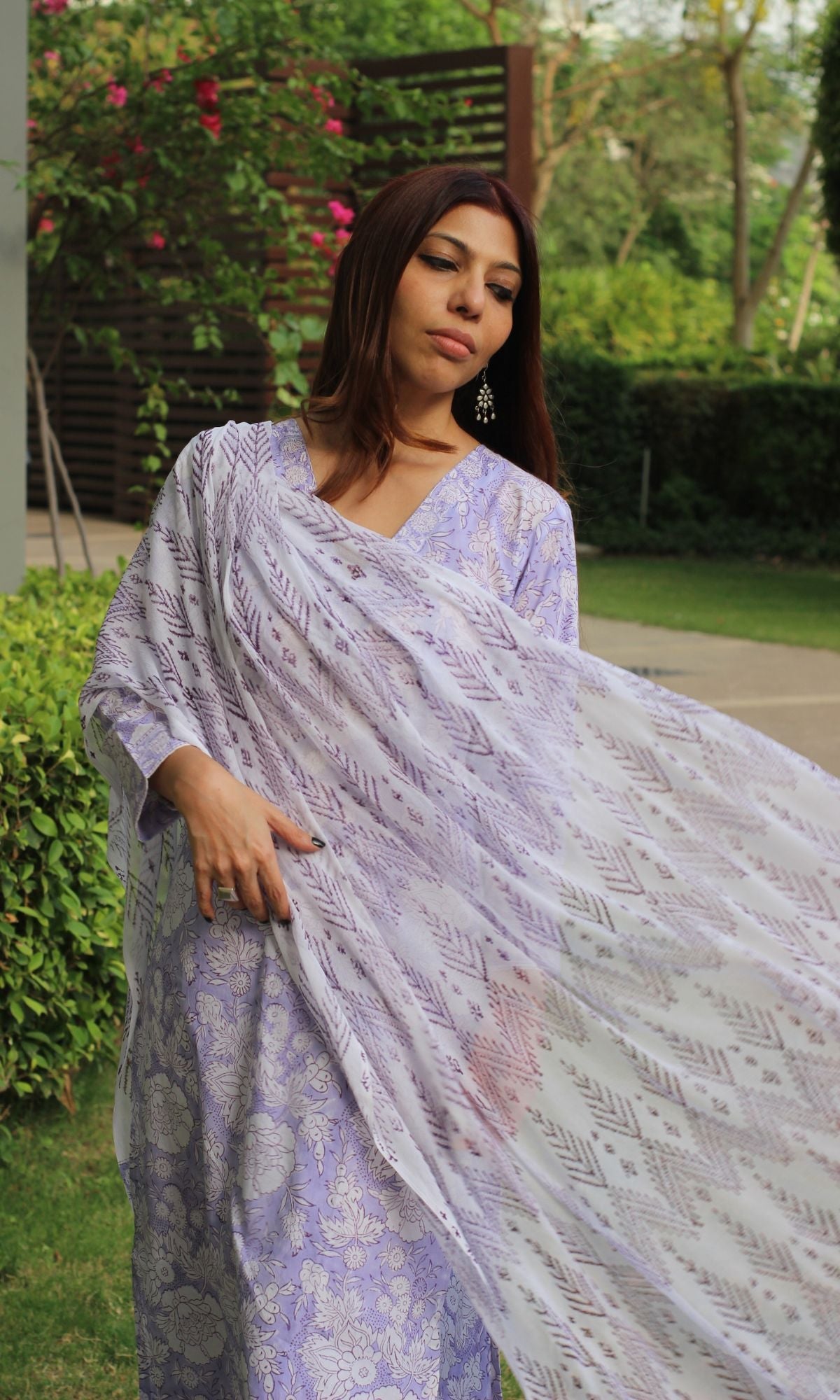 Cotton Handblock Purple Suit Set with Printed Chiffon Dupatta - Baareeki