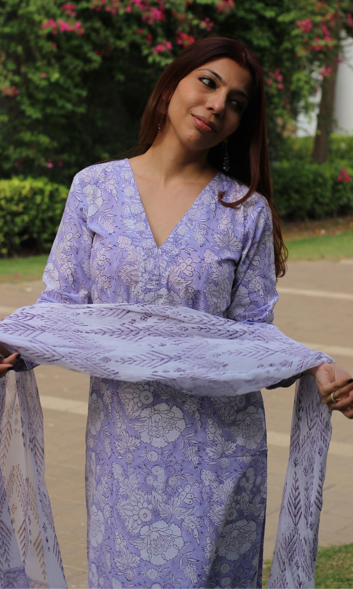 Cotton Handblock Purple Suit Set with Printed Chiffon Dupatta - Baareeki