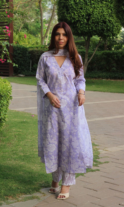 Cotton Handblock Purple Suit Set with Printed Chiffon Dupatta - Baareeki