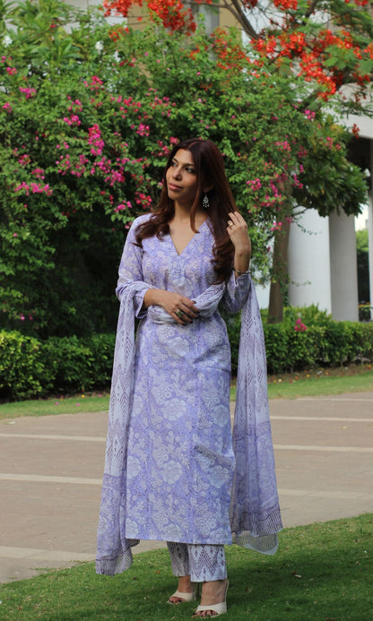 Cotton Handblock Purple Suit Set with Printed Chiffon Dupatta - Baareeki