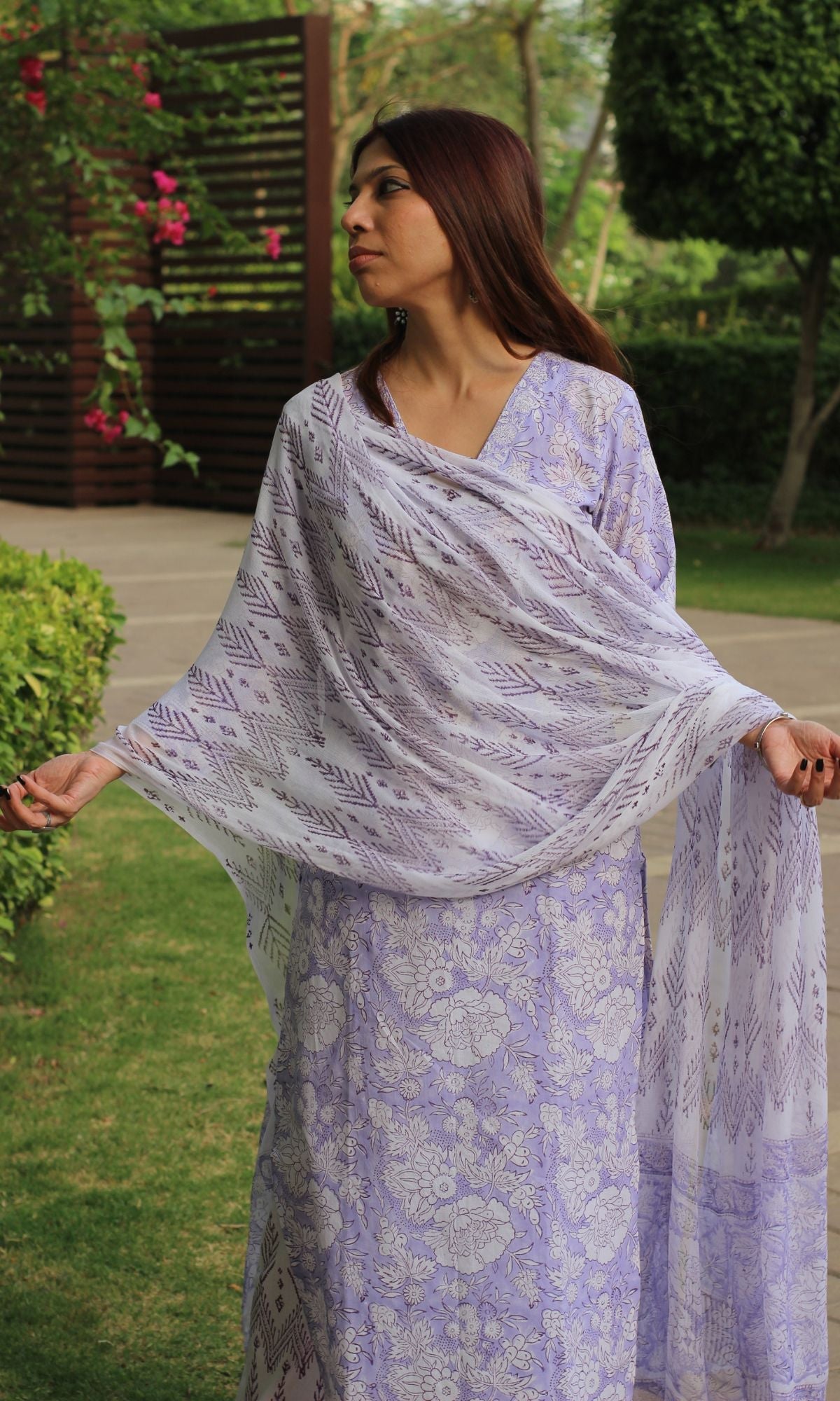 Cotton Handblock Purple Suit Set with Printed Chiffon Dupatta - Baareeki