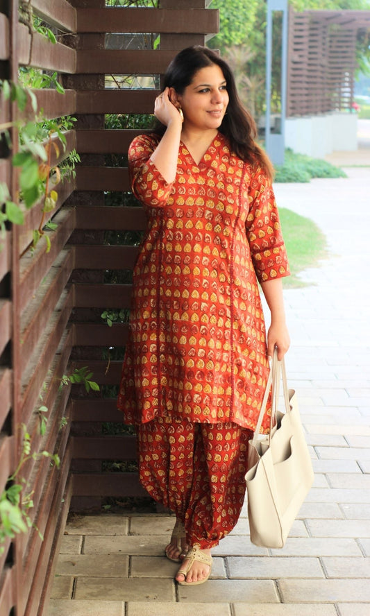 Cotton Handblock Red Kalamkari Print A line Kurta & Pathani Pants - Baareeki