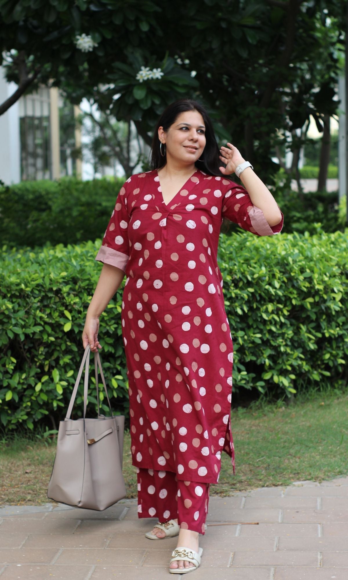 Cotton Handblock Red Polka Print A - line Kurta with Palazzo - Baareeki