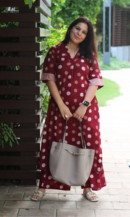 Cotton Handblock Red Polka Print A - line Kurta with Palazzo - Baareeki